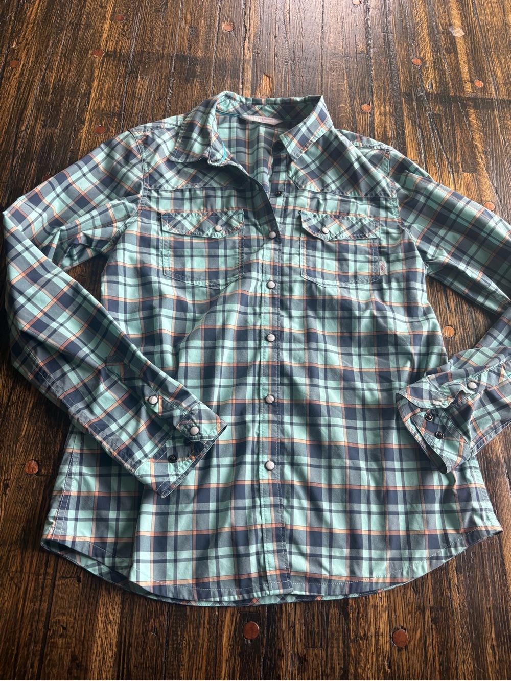 Stio Plaid Button-Down Shirt with clip closures in Teal, Navy & Orange